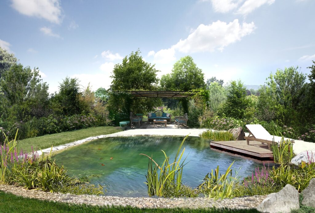 Biolago realizzato da SabGreen immerso in un giardino paesaggistico, con acqua cristallina, piante acquatiche e rocce naturali.