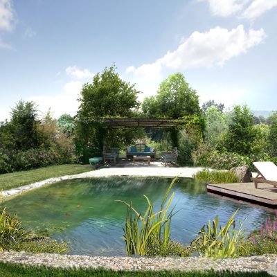 Biolago con zona balneabile, bordi in pietra e vegetazione naturale.